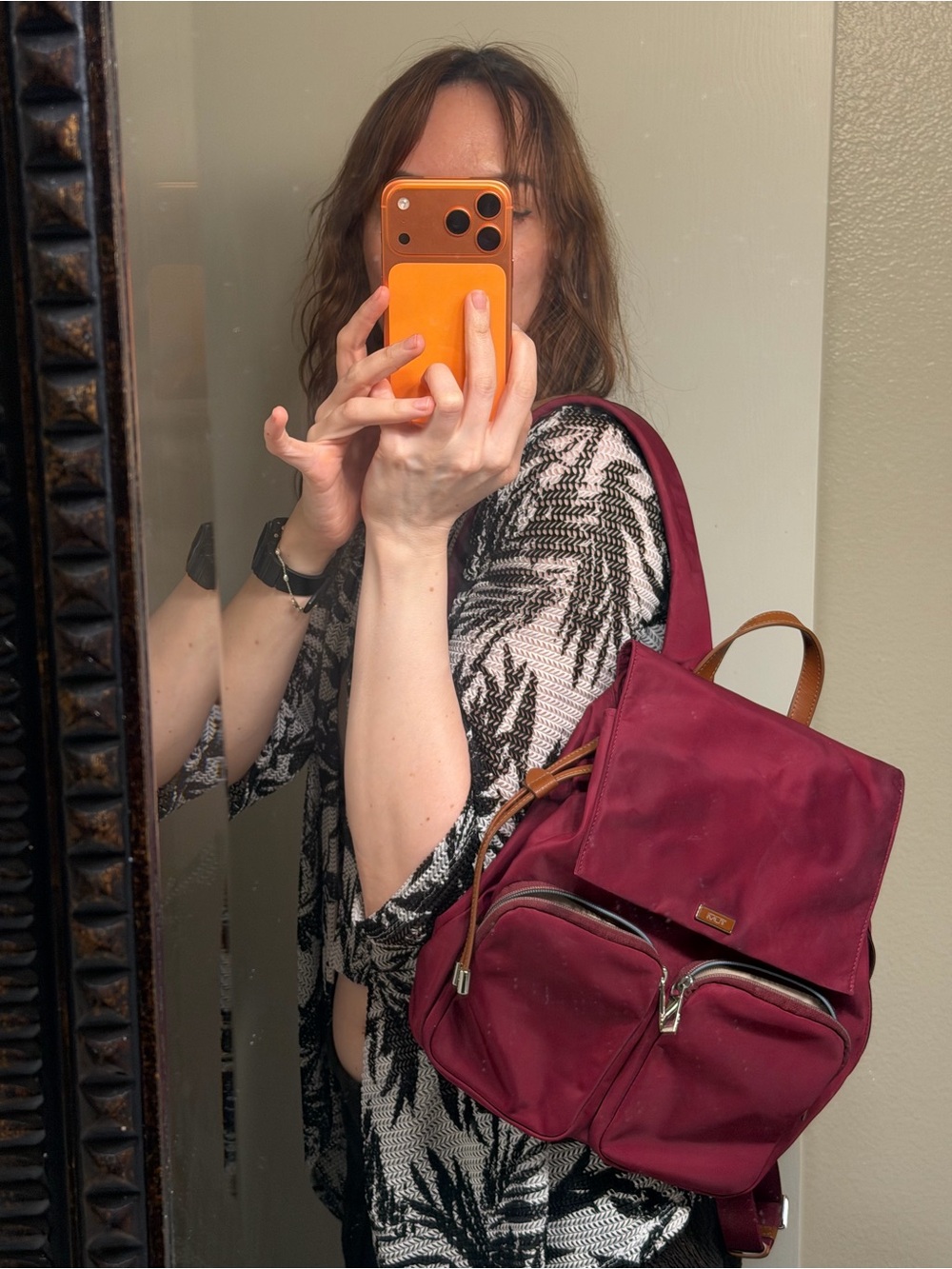 Tumi Voyageur Backpack in Burgudi color with Leather Accents